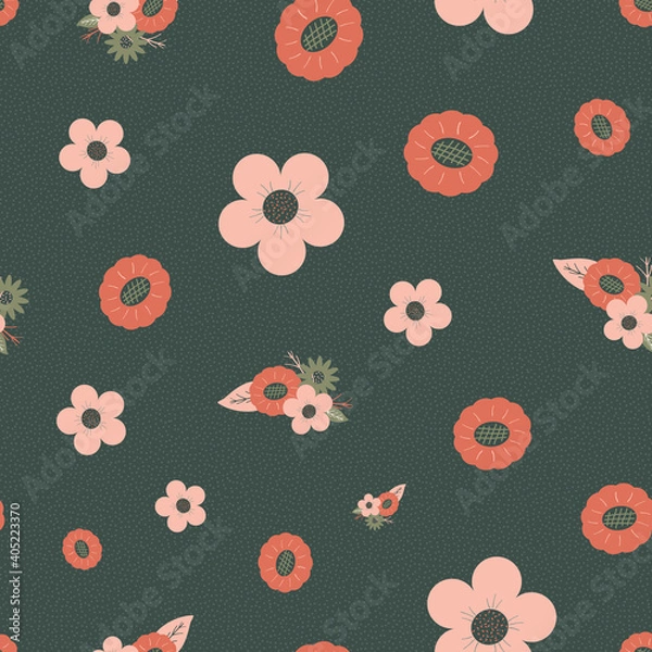 Fototapeta Vector retro vintage floral surface pattern design on dark muted green background