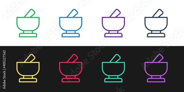 Fototapeta Set line Mortar and pestle icon isolated on black and white background. Vector.