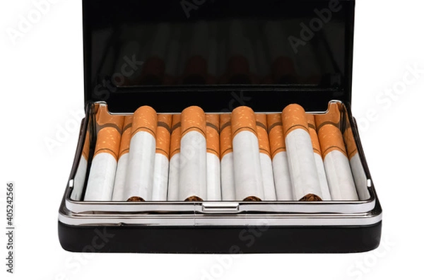 Obraz Cigarettes in a metal cigarette case isolate