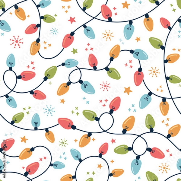 Obraz Holiday Christmas and New Year String Colorful Fairy Lights on White Background Vector Seamless Pattern. Winter Holiday Print.
