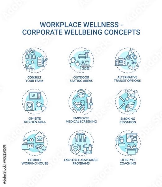 Fototapeta Workplace wellness concept icons set. Corporate wellbeing idea thin line RGB color illustrations. Flexible working from home. Smoking cessation. Vector isolated outline drawings. Editable stroke