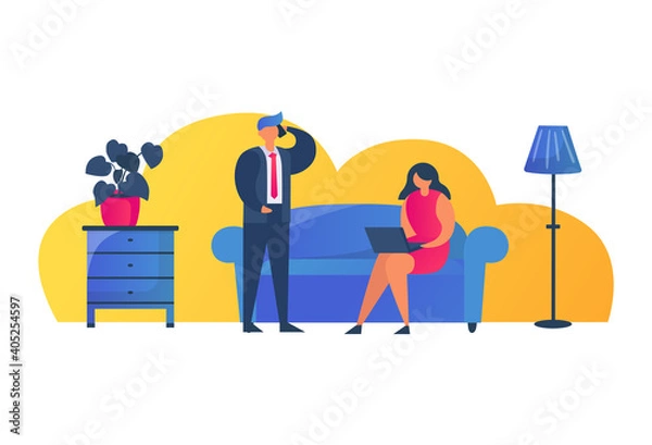 Obraz Woman character hold digital laptop, businessman mobile phone, people together business communication flat vector illustration, isolated on white. Concept cozy relaxing place rest room.