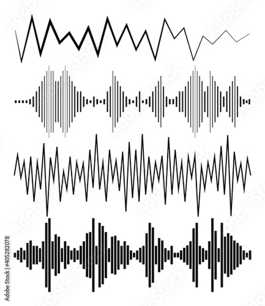 Fototapeta Black sound waves logos, audio symbols on white background. Modern music equalizer elements set. Jpeg waveform flat isolated illustration