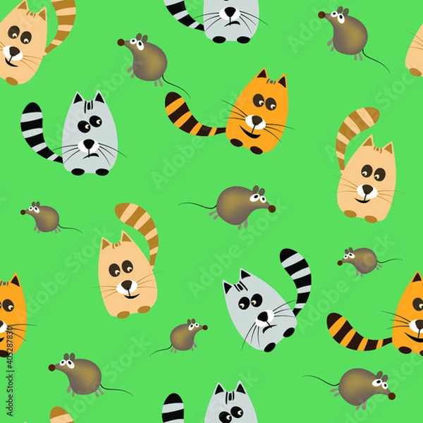 Obraz Seamless pattern with cute cartoon cats and mouses. Vector illustration.