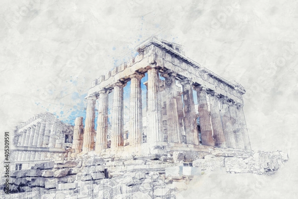 Fototapeta Ancient Sites ruins of temple on Acropolis hill, Athens, Greece. Watercolor splash with hand drawn sketch illustration on crumpled paper