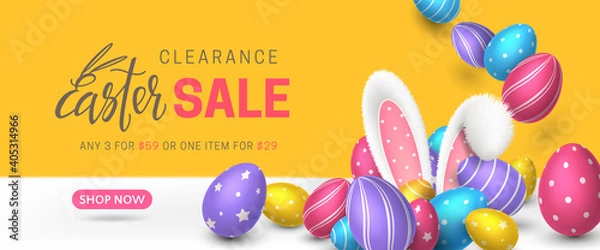 Obraz Vector cute sale banner with fur ears of bunny, coloured realistic 3D eggs and lettering Easter. Festive cartoon horizontal template with orange background for holiday flyer with discount offers.