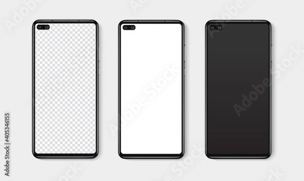 Fototapeta Realistic smartphone mockup set. Mobile phone blank, white, transparent screen design mock up. Isolated vector illustration