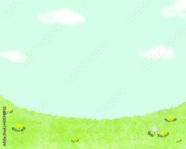 Fototapeta 空とたんぽぽの咲く野原