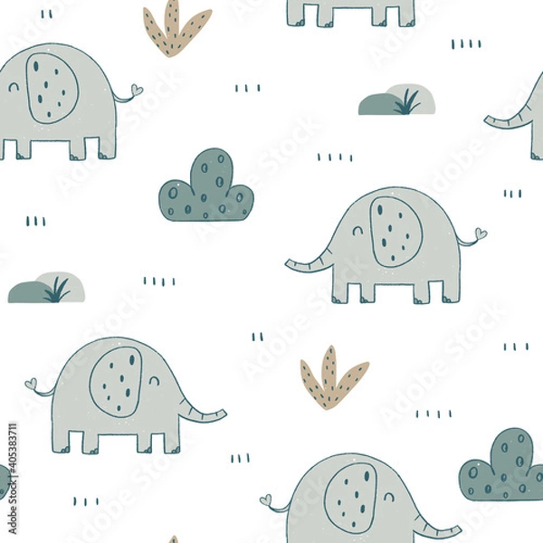 Fototapeta Cute nursery elephant seamless pattern with floral elements and with crayon texture. Hand drawn Scandinavian style vector illustration.