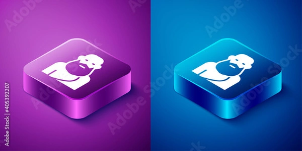 Fototapeta Isometric Socrates icon isolated on blue and purple background. Sokrat ancient greek Athenes ancient philosophy. Square button. Vector.