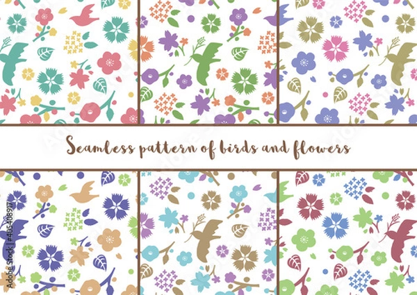 Fototapeta 鳥と花_模様_シームレス_セット