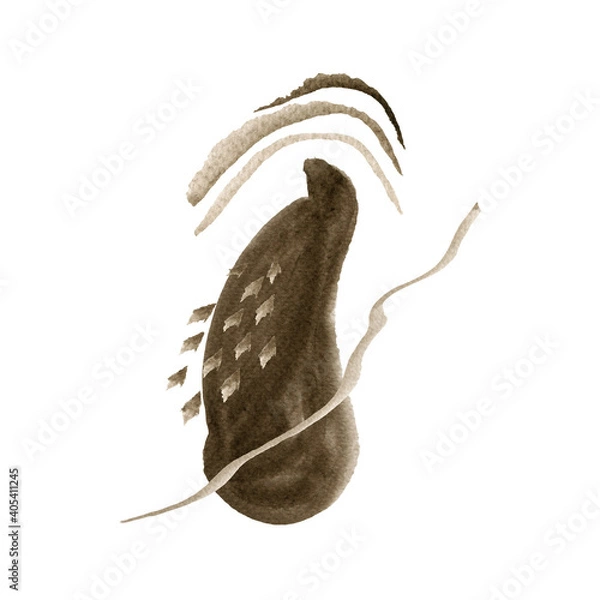 Fototapeta Watercolor abstract hand drawn illustration with sepia textured shape, lines and dots. An abstract square picture with a white background.