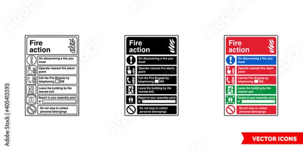 Obraz Fire action fire fighting sign icon of 3 types color, black and white, outline. Isolated vector sign symbol.