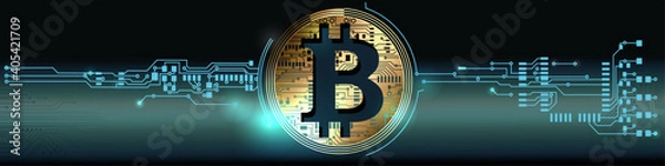 Fototapeta Bitcoin theme design. Bitcoin digital cryptocurrency in circuit board style. Vector Illustration