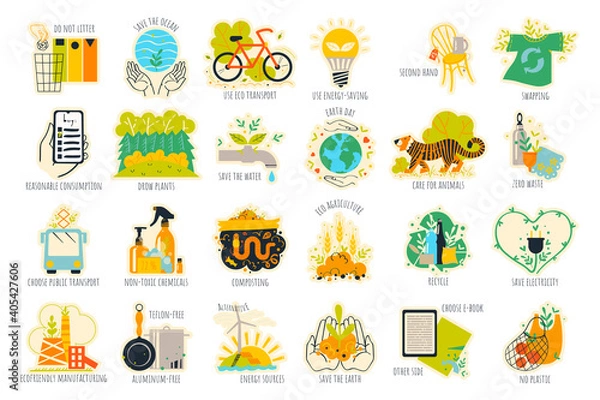 Fototapeta A set of stickers about environmental protection. Vector illustration.