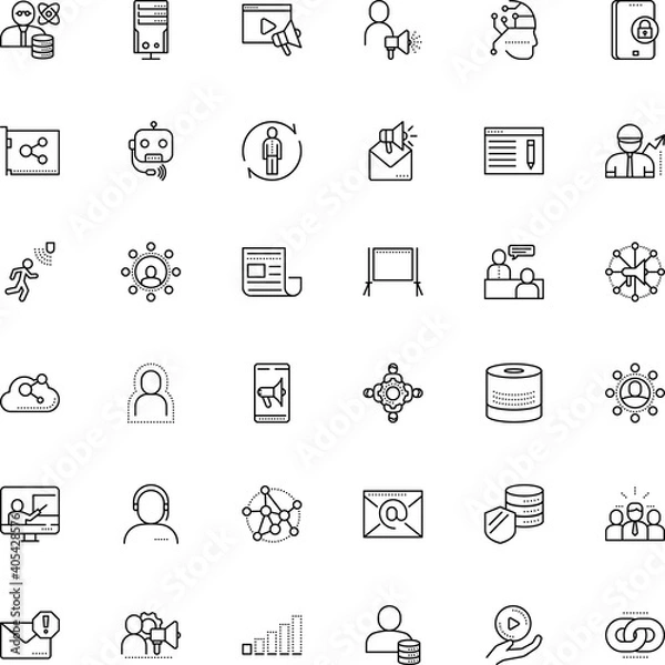 Fototapeta communication vector icon set such as: ai, chain, show, lead, play, user, growth, net, solution, analyst, announce, simple, administrator, volume, stream, broadcast, pedestrian, datacenter, seminar