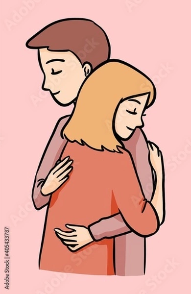 Obraz Man and Woman Calm Embracing Hug Cute Illustration Hand Drawn