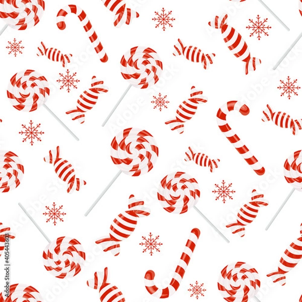 Obraz Seamless vector background with lollipops and round swirl candies. Vector graphics