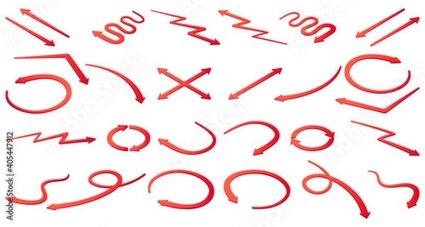 Fototapeta 3d arrow icon indicating different direction of red color.A set of three-dimensional icons isolated on a white background.3D-objects.Isometric illustration for website banners ads and design elements.