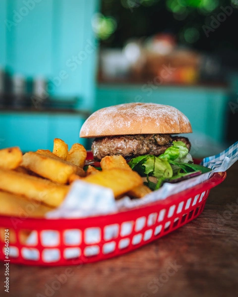 Obraz Beef Burger in red basket 