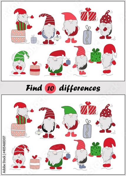 Fototapeta Cute cartoon gnomes. Find 10 differences. Development of logic and care for children. Education for children. Images isolated on white background.