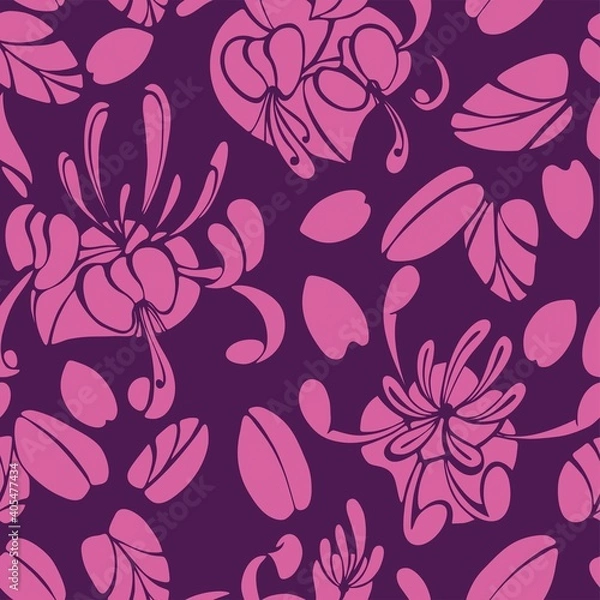 Fototapeta Seamless pattern with pink honeysuckle flowers and leaves on a burgundy background.