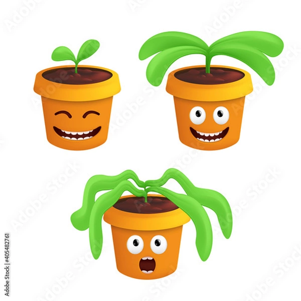 Obraz Stages of growth and wilting of a potted houseplant. Vector illustration with different flowerpot emotions isolated on white background