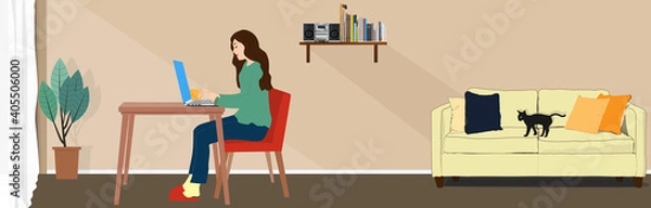 Fototapeta Women working from home, web banner, web header, footer, flier, vector illustration, graphic, web banner, web header, footer, flier, copy space, landscape, PC, black cat, green, room, realistic, retro