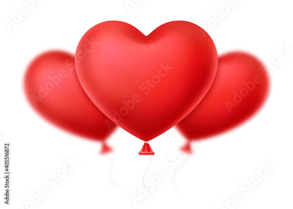 Fototapeta Three red hearts in the shape of balloon on white background. Valentine's Day. 3d realistic vector illustration. 