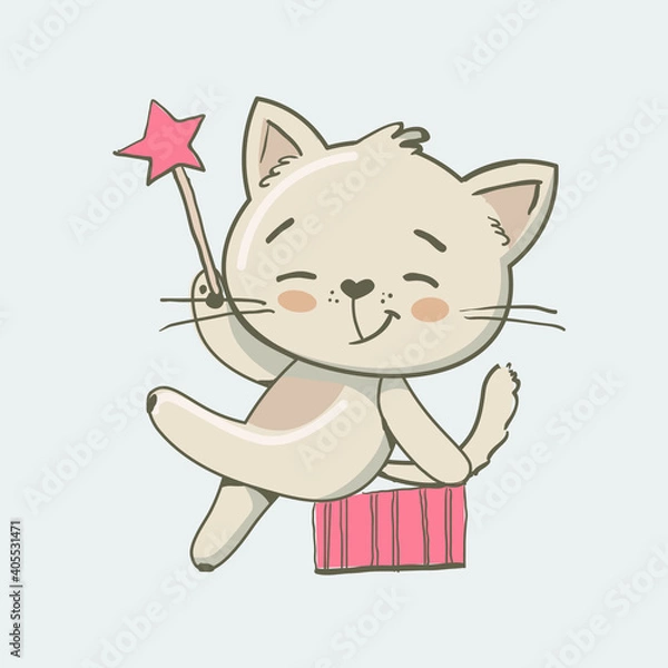 Fototapeta Cartoon kitty dancing on a white background