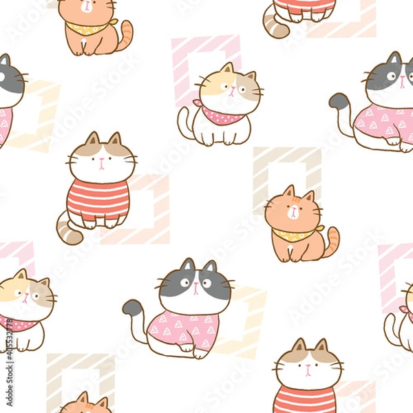 Fototapeta Seamless Pattern with Cute Cartoon Cat Illustration Design on White Background