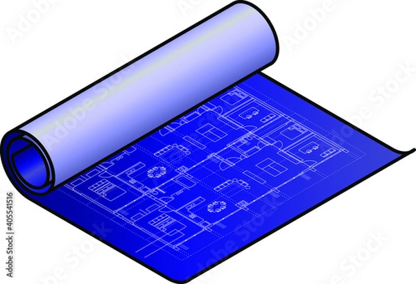 Fototapeta A partially unrolled blueprint / technical drawing.