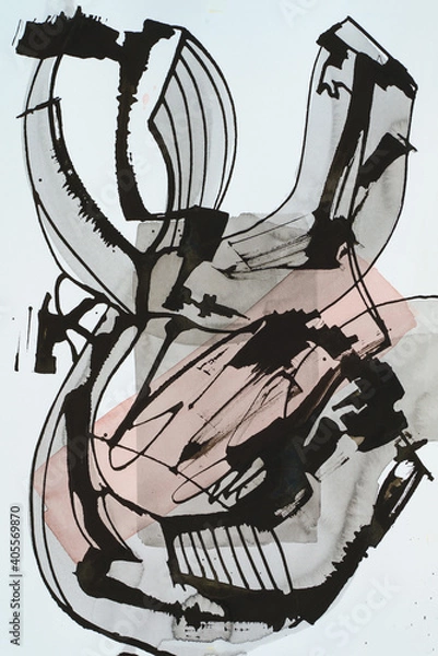 Fototapeta An abstract painting, watercolor and ink on paper; linear elements roughly executed with a cola pen.