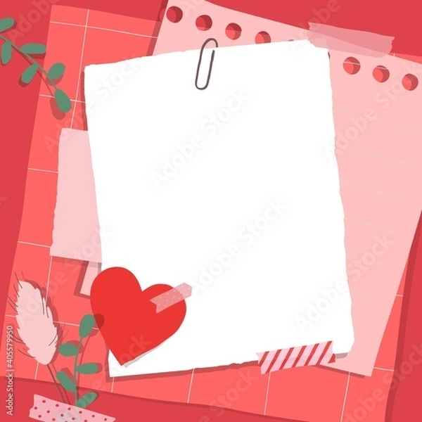 Obraz Scrapbook composition with notes paper, tapes, flowers elements and heart sticker. Page for valentine greeting card.