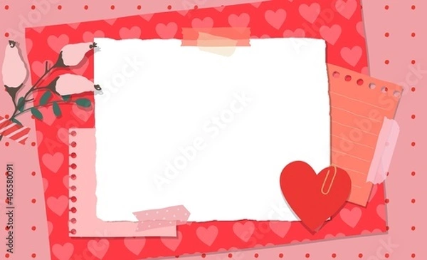 Obraz Scrapbook composition with notes paper, tapes, flowers elements and heart sticker. Page for valentine greeting card. Banner with place for text