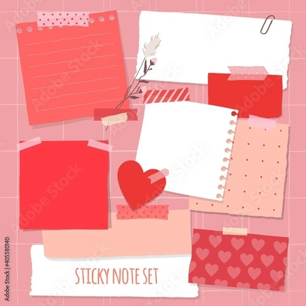Obraz Collection of various notes paper for valentine card. Red and pink sticky note.