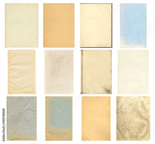 Fototapeta Paper and textile textures set. Blank old pages with rough faded surface. Perfect for background and vintage style design. Empty place for text.