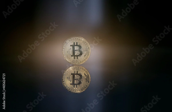 Obraz Bitcoin. Crypto currency Gold Bitcoin, BTC, Bit Coin. Macro shot of Bitcoin coins isolated on black background Blockchain technology, bitcoin mining concept. 3d rendering