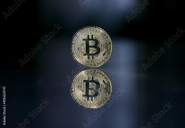 Obraz Bitcoin. Crypto currency Gold Bitcoin, BTC, Bit Coin. Macro shot of Bitcoin coins isolated on black background Blockchain technology, bitcoin mining concept. 3d rendering