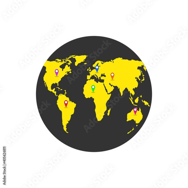 Fototapeta Location on globe. Pin on globe. Vector illustration.