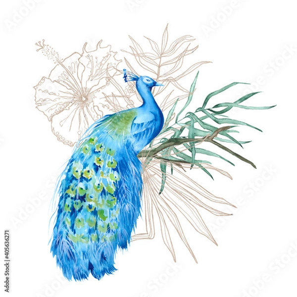 Fototapeta Composition with peacock and Indian decor. Isolated on a white background.