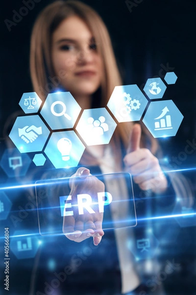 Fototapeta Business, Technology, Internet and network concept. Young businessman working on a virtual screen of the future and sees the inscription: ERP
