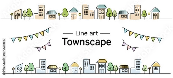 Fototapeta 水彩風のおしゃれな町並みとガーランド