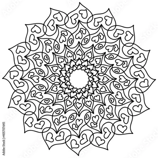 Fototapeta Easy mandala like flower with hearts, basic and simple mandalas Coloring Book for adults, seniors, and beginner. Digital drawing. Floral. Flower. Oriental. Book Page. Vector.