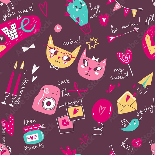 Obraz Doodle seamless pattern with Valentines Day symbols and elements. Characters, objects, gifts, lettering and decorations in cute simple style