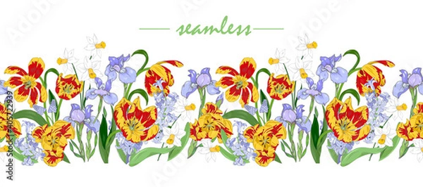 Fototapeta Seamless border of spring flowers