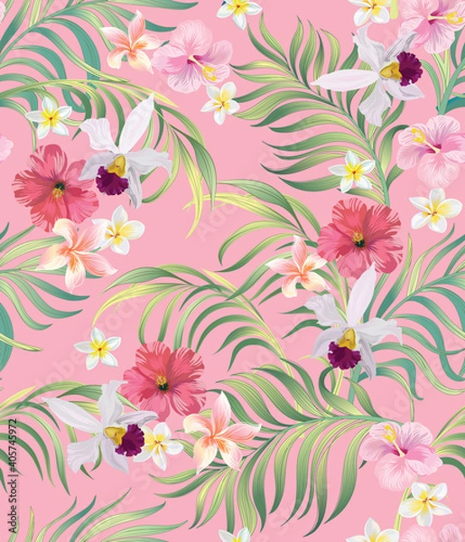 Fototapeta Tropical vector seamless background. Jungle pattern with exitic flowers, and palm leaves. Stock vector. Jungle vector vintage wallpaper