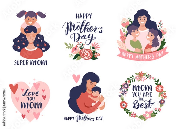 Fototapeta Mother's day greeting cards, posters set with mom and baby, calligraphy text. Hand drawn vector illustration set.