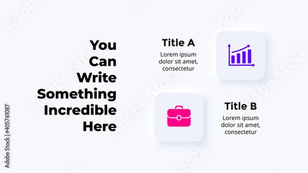 Fototapeta Neumorphic Vector Infographic. Presentation slide template. Squares with icons. 2 processes. Neumorphism ui design. Clean minimal flat style. 