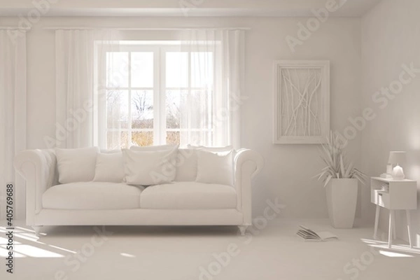 Fototapeta White minimalist living room with sofa. Scandinavian interior design. 3D illustration